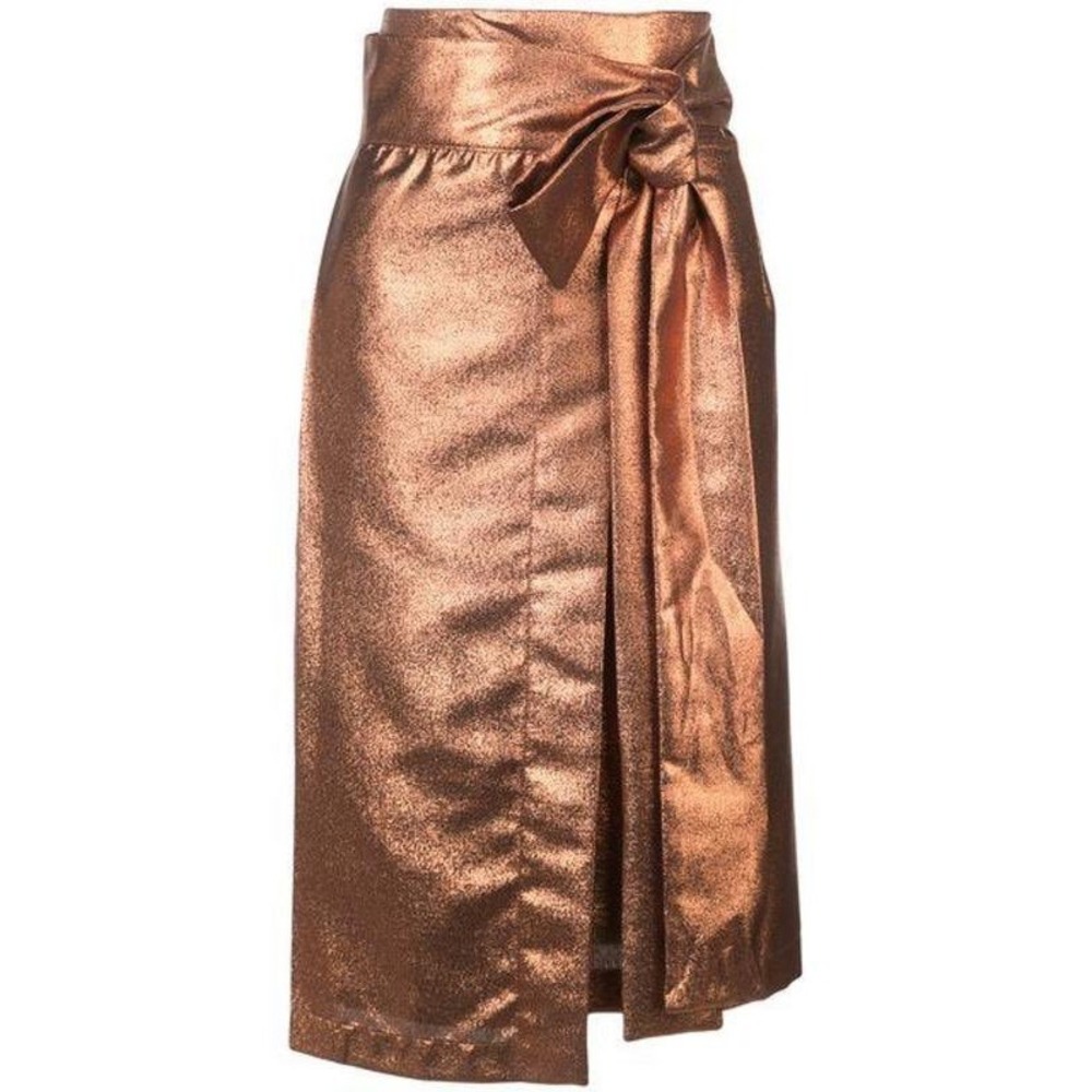 Kamperett Florence Skirt Copper Metallic Wrap Pleated Midi High Rise Small USA